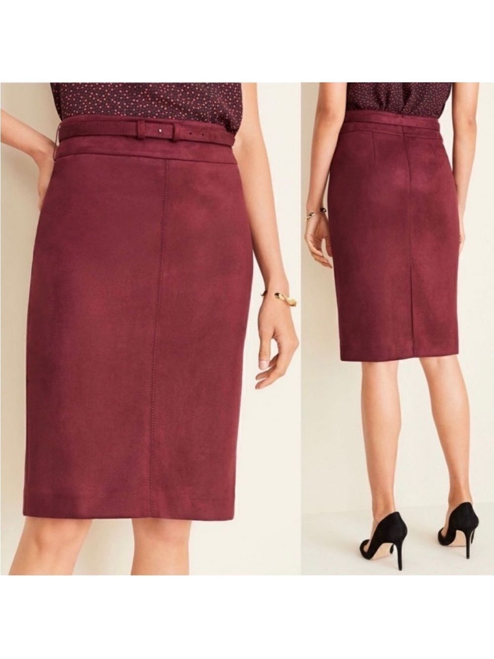 Ann Taylor 14 T Vintage Burgundy Faux Suede Belted Slimming Pencil Skirt